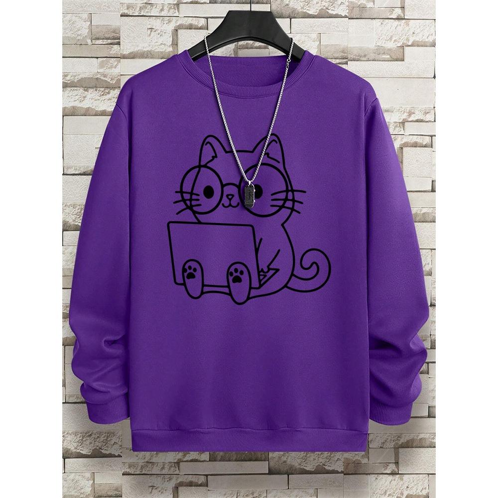 Мужская толстовка с принтом «Джентльмен Кот на работе» Свободная толстовка с капюшоном Осенняя толстовка с капюшоном Модная уличная одежда Пуловер с круглым вырезом Мужская одежда