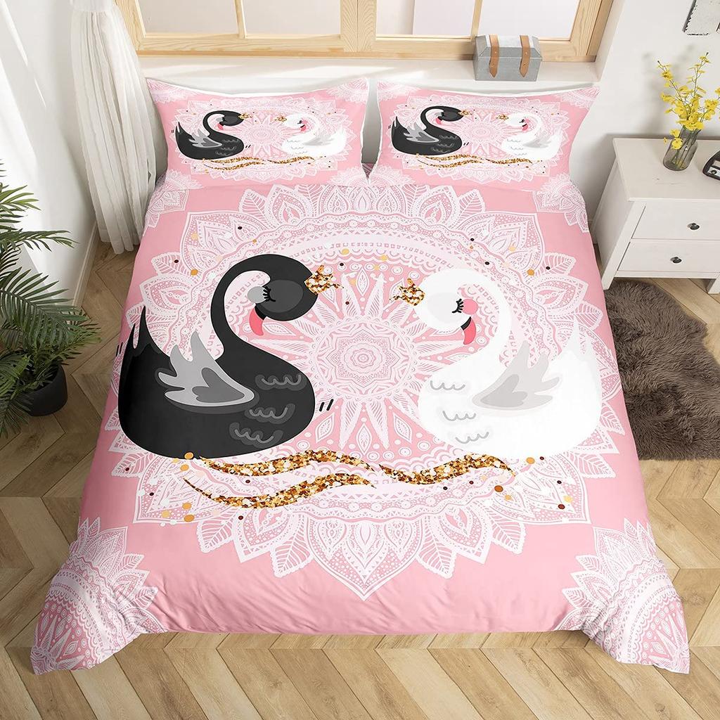 Romantic Swan Duvet Cover Set King Wild Animal Comforter Cover Butterfly Floral Bedding Set For Valentine's Day Wedding Decor