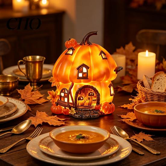 Autumn Gift for Friends Light Up Resin Pumpkin House Figurine, Halloween Cottage Night Light, Fall Table Centerpiece Harvest Tabletop Decor Lamp Home