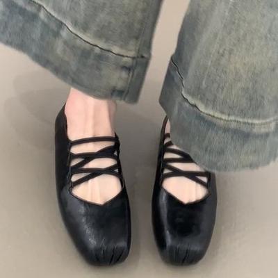 Версия из коровьей кожи Французский квадратный носок перекрестный ремешок с перепонкой Мэри Джейн детские туфли на плоской подошве одинарные туфли с мелким вырезом мягкая подошва балетки