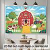 2D Cute Cartoon Farm Backdrop with Red Barn, Animals & Tractor