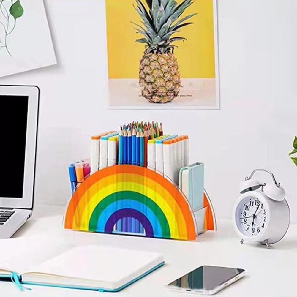 with 5 Grids Office Storage Box Acrylic Makeup Brush Storage Rack Rainbow Pen Holder  Makeup Tool