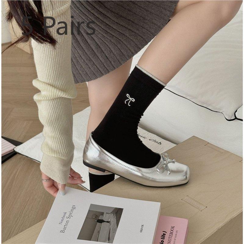 5 пар носков средней длины с вышитым бантом для девочек, длинные носки с ворсом в балетном стиле