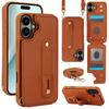 For iPhone 16 Case Kickstand Card Slots Leather Coated TPU Cover with Shoulder Strap - Beige