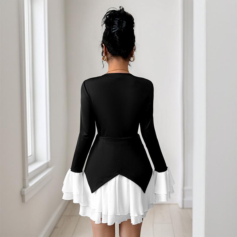 New Elegant Women's Style Long Sleeved Contrasting Skirt with Ruffle Edge Autumn Dress