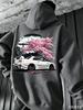 Unisex JDM Car Cherry Blossom Print Back Hoodie Oversized Loose Pullover Hooded Sweatshirt Streetwear Long Sleeve Tops