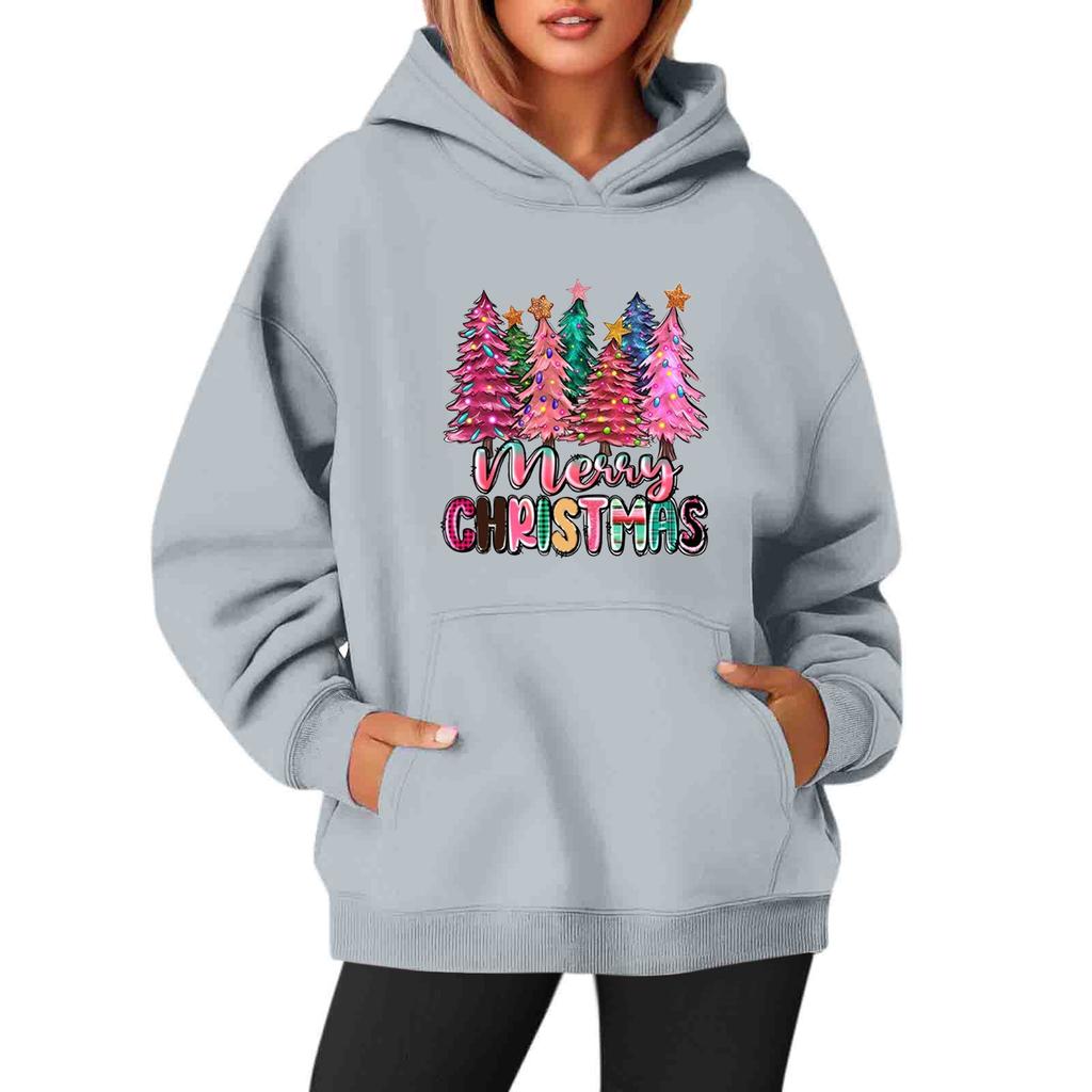Women's Sweatshirts O-neck Long Sleeve Christmas Printed Top Solid Color Hoodie