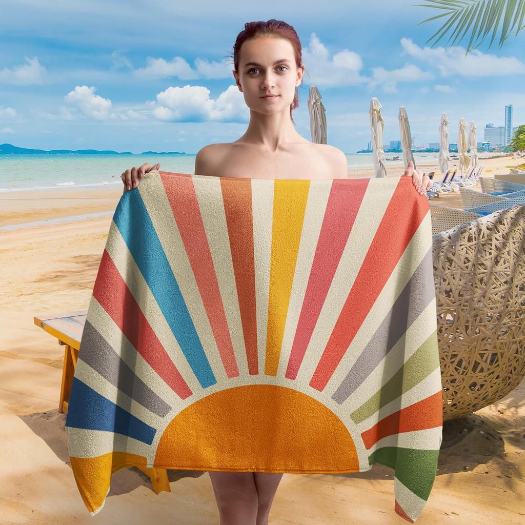 Boho Colorful Sun Sunshine Beach Towel, Sunrise Sunset Microfiber Beach Towels Oversized for Bathroom,Boho Quick Dry Travel Sand