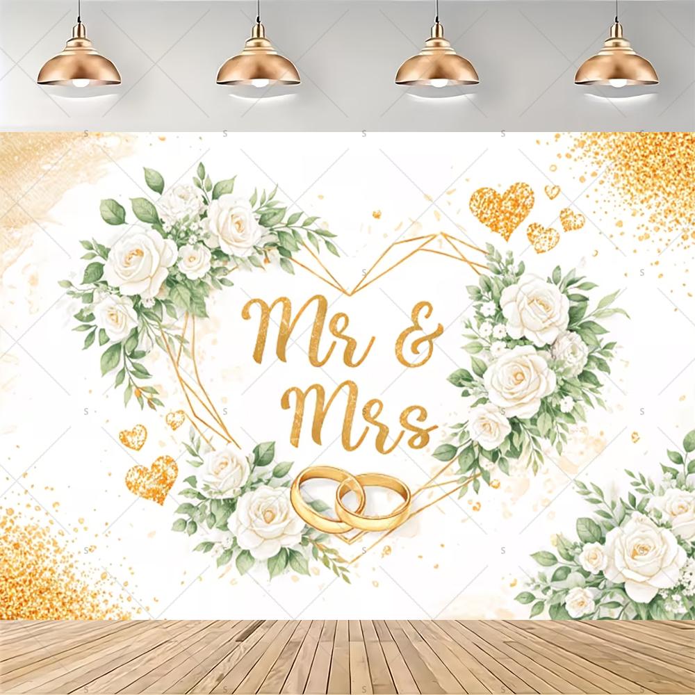 Elegant floral garland, Mr & Mrs theme, gold background, ribbon, wedding party decoration, backdrop, photography supplies2086