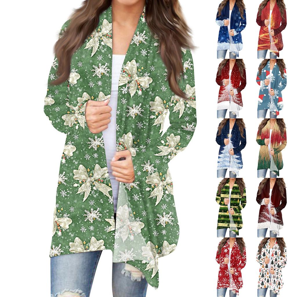 Women's Fashion Christmas Print Jacket Long Sleeve Casual Cardigan Coat