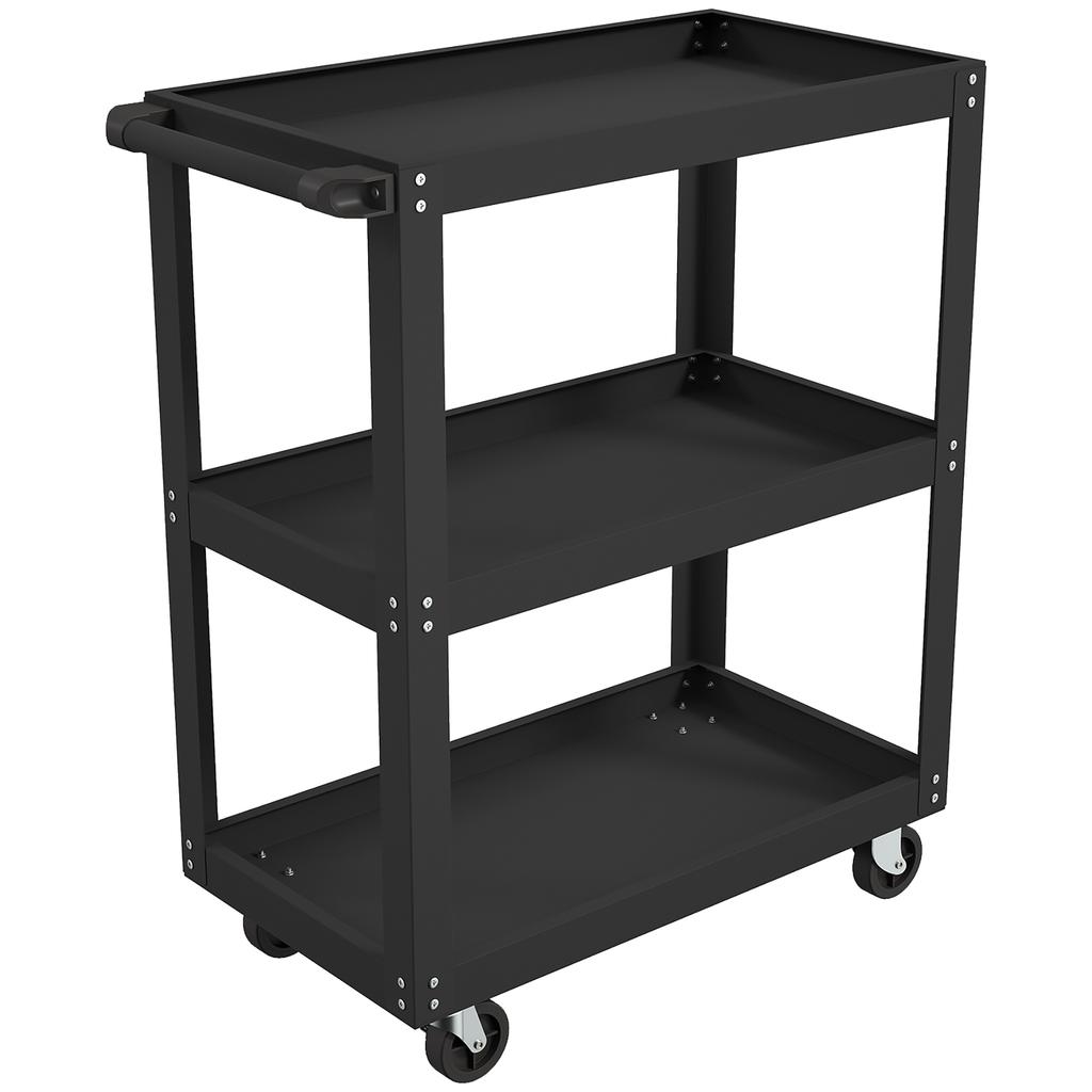 Workshop Trolley with 3 Shelves and Side Holder, 4 Castors, 70.5 x 35 x 82.5 cm, Black
