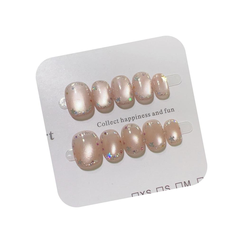 Ослепительное кольцо «Звезда»: Нежно-розовые ногти-накладки «кошачий глаз» с блестками-звездочками и девичьим сердечком