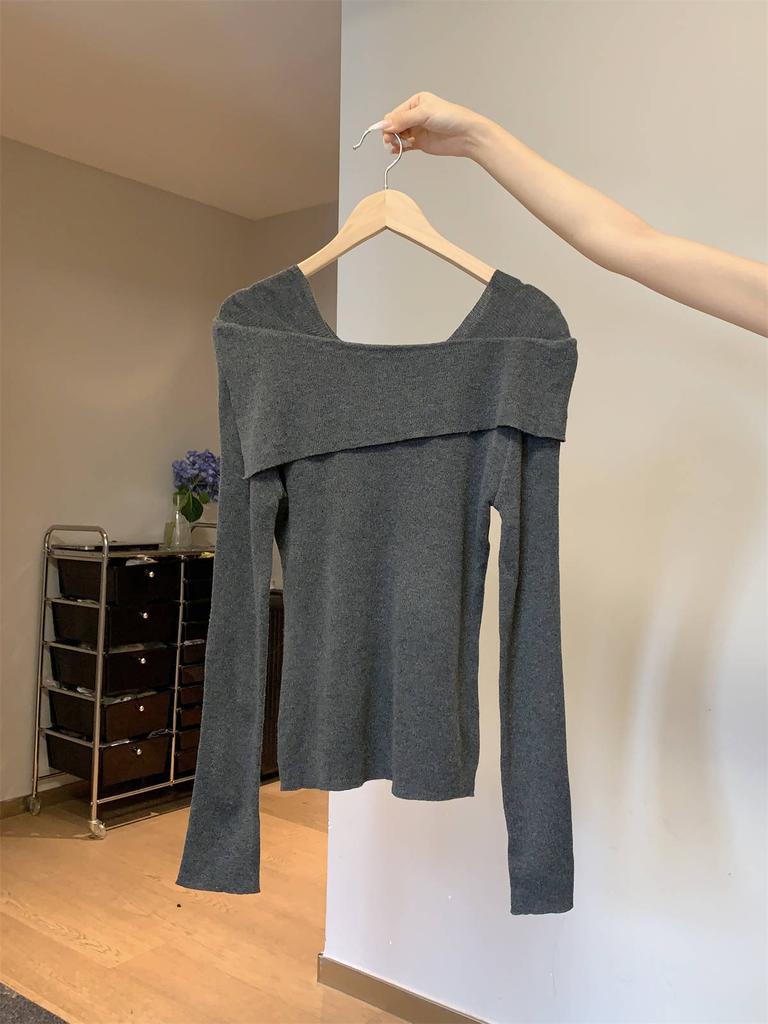 Chic One-word Shoulder Knitted Bottoming Shirt Women's Spring Slim-fit Spice Girls Irregular Inner Top Temperament Sweater