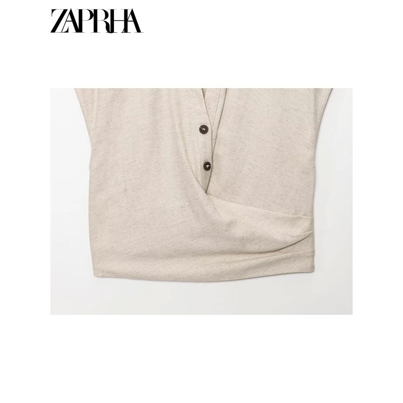 Zaprha 2025 New Arrival Pleated Decoration Minimalist V Neck Sleeveless Top Shirt Women's Silm Short 8026775