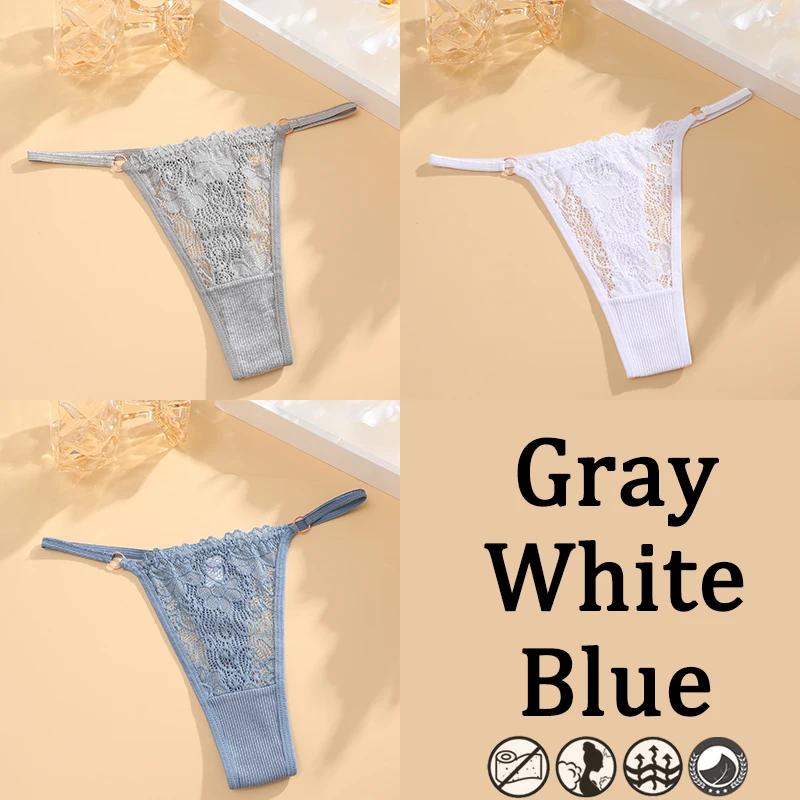 3PCs Low Waisted G-String Women American Lace Lady Cotton-Back Breathable Sheer Thin Strap Metal Thong