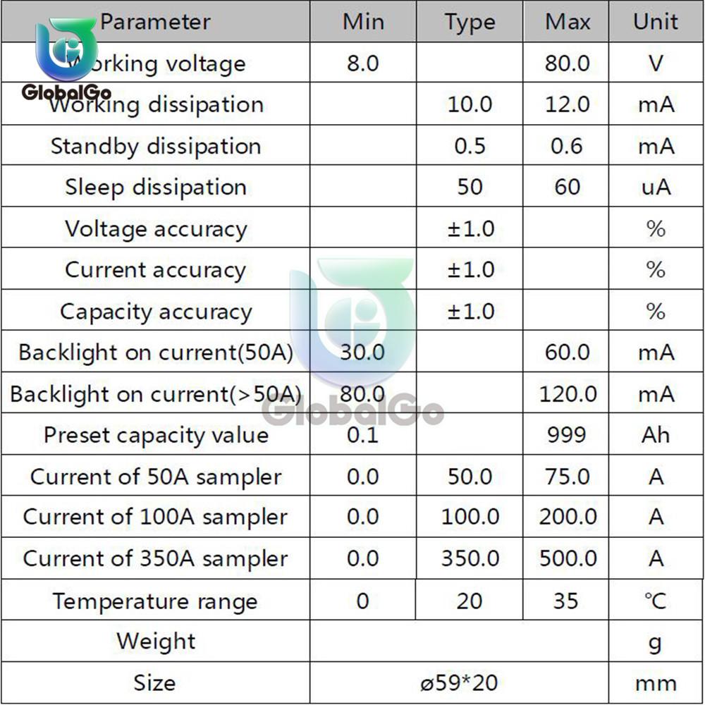 DC 8-80V 50A 100A 350A Display Battery Capacity Meter Indicate Volt Current Tester Power Ammeter Voltmeter
