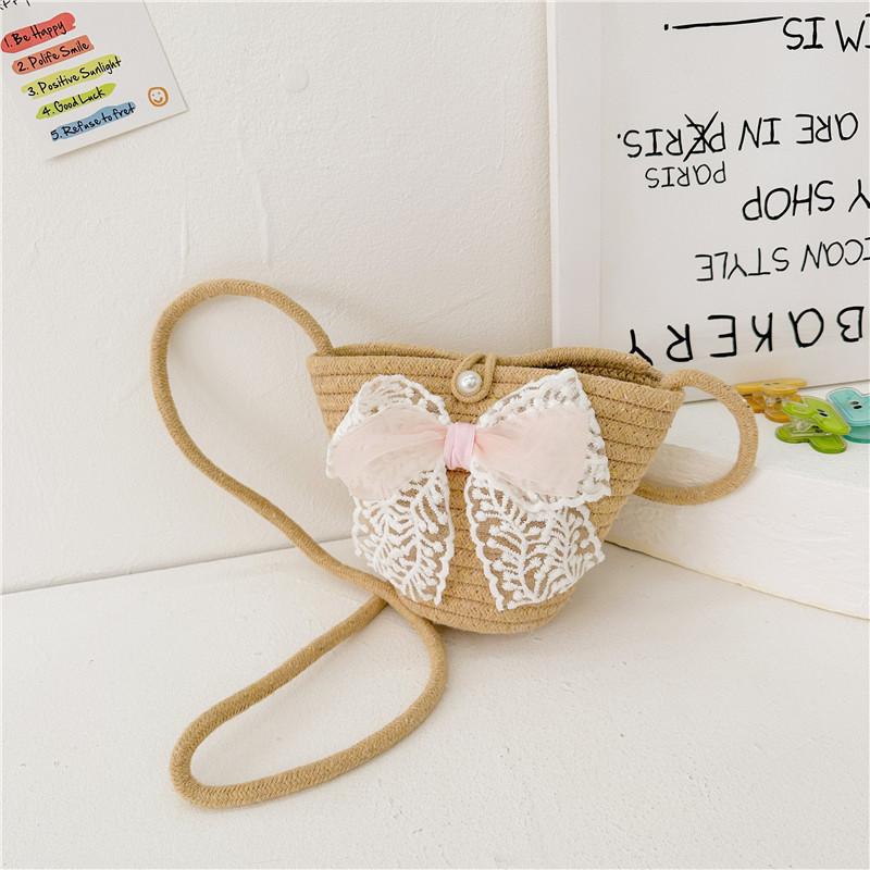 Adorable Korean Style Cartoon Woven Children's Bag With Bowknot And Floral Design