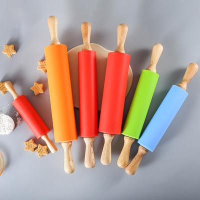 Силиконовая антипригарная скалка для помадки, деревянная ручка, валик для теста, печенья, лапши, печенья, клецок, кондитерский валик, инструмент для выпечки