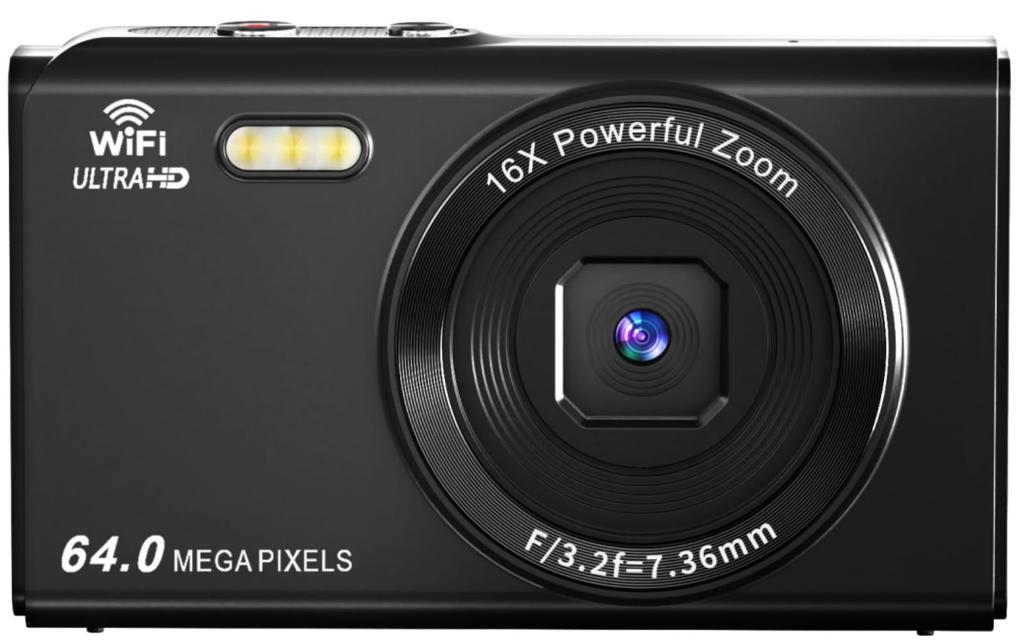 YULINJIA 4K Digital Camera with Wi-Fi Transfer, 64MP, 64GB Micro SD Card, Autofocus, 16x Digital Zoom, LED Light, Webcam, 2.8-inch Display, Two