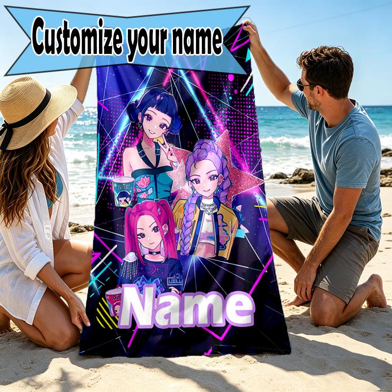 Custom Name Personalized KPop Demon Hunters Print Beach Towel, for Trip Camping Beach Party Home Decor, Birthday Gift for Family & Friends