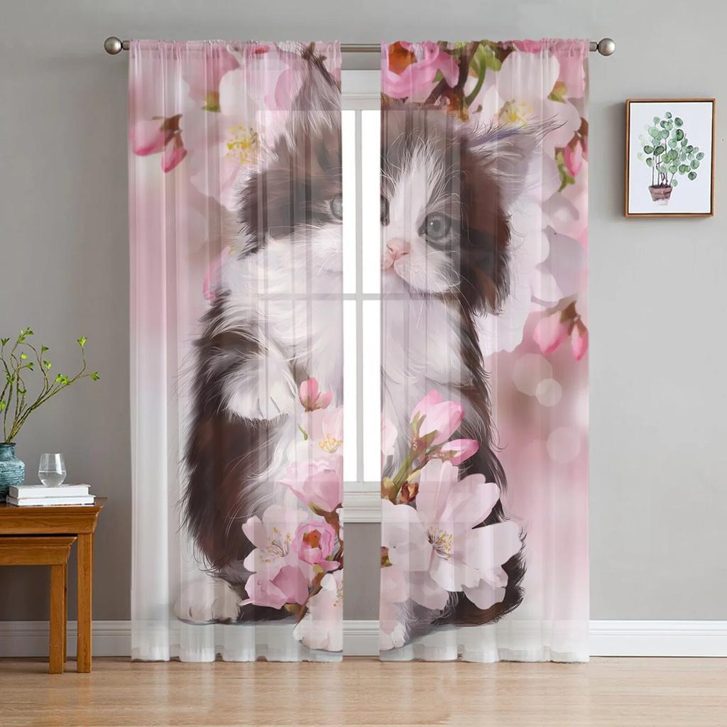 Red Flowers Planks Leaves Plant Tulle Sheer Curtains for Living Room Decoration Window Curtain for Bedroom Voile Organza Drapes