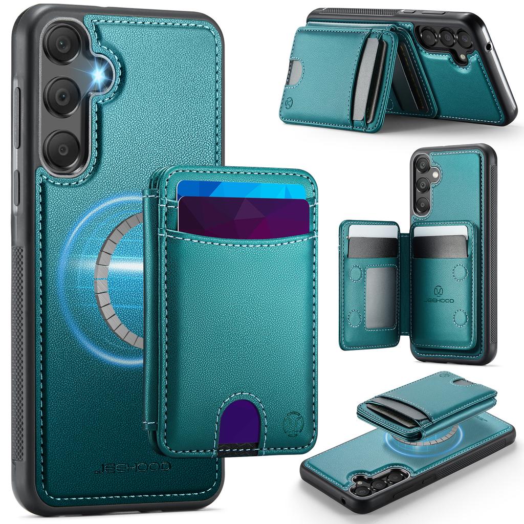 For Samsung Galaxy A55 5G Magnetic Case JEEHOOD J10 Leather Back Phone Cover with Detachable Card Holder Kickstand