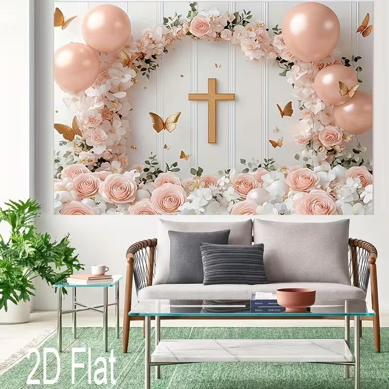 2D Pink Floral Cross Backdrop, First Communion Girl Party Photo Background