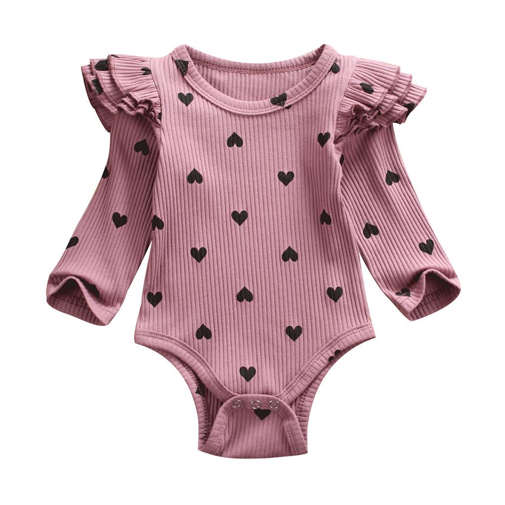 Infant Newborn Baby Girls Valentine's Day Heart Print Ruffles Romper Bodysuit