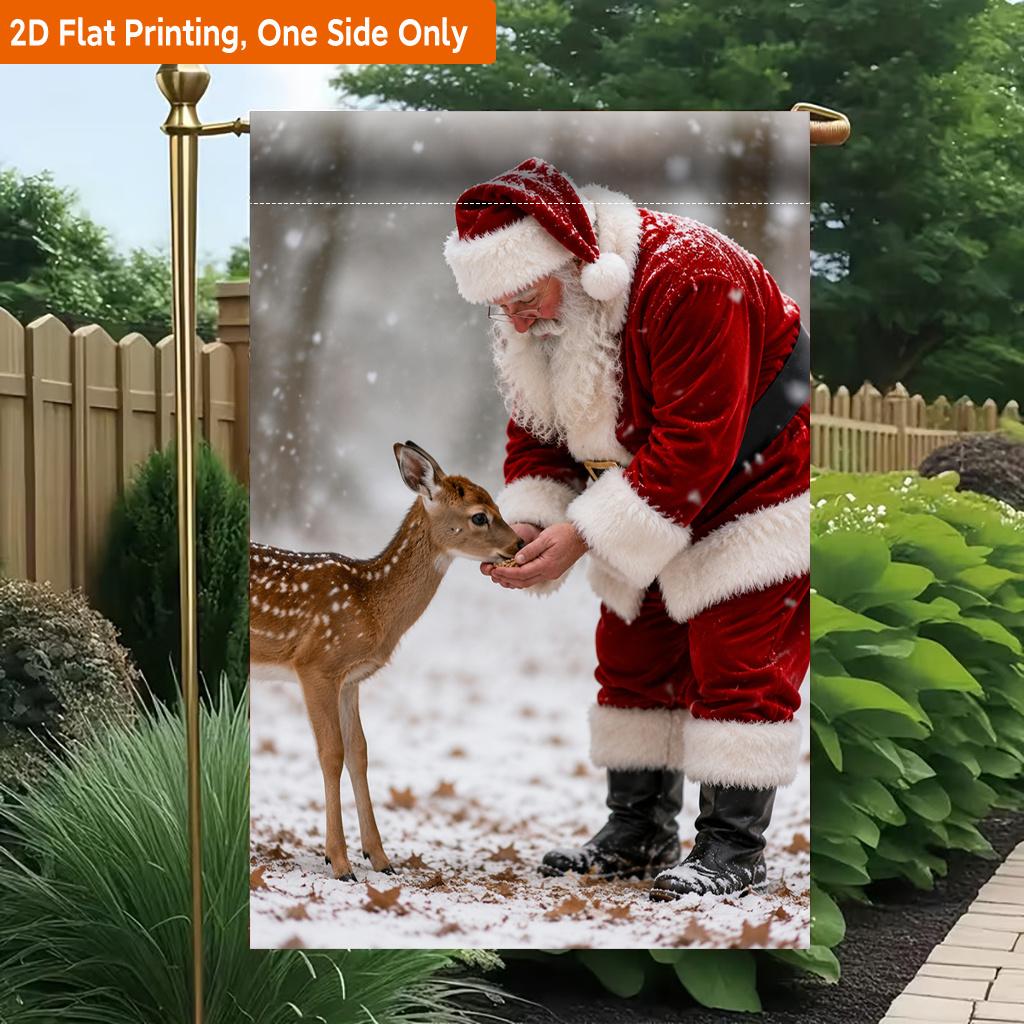 2D Flat, 2D Flat Printing Garden Flag 1pc, Santa Feeds A Deer Durable Single-Sided Print Yard Flag, Garden & Home Holiday Decoration, 29.97x44.96 cm,