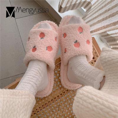 Модные милые вышитые яблочные меховые тапочки женские зимние туфли женские сандалии для девочек домашние флисовые пантофли теплые уютные пушистые шлепанцы