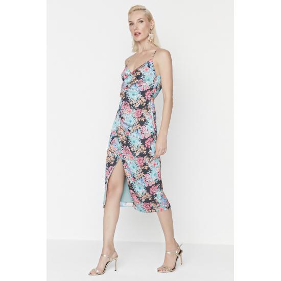 Multi Colored Floral Printed Satin Dress