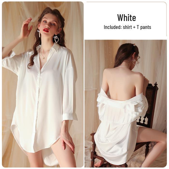 Женский сексуальный пижамный комплект 2024 года — платье-рубашка в стиле бойфренда с кружевными шортами