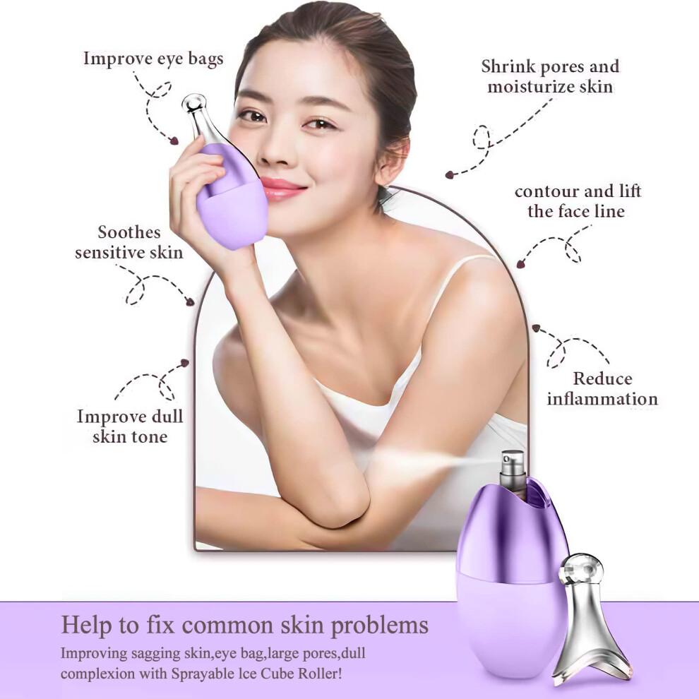 Ice Roller for Face and Eyes, Reusable Silicone Ice Mold Massager, 2 in 1 Cube and Spray, Purple