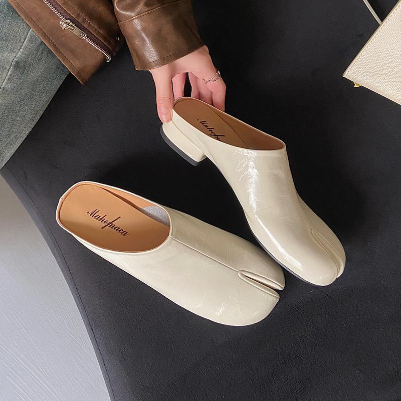 Fashion 2025 New Mueller Slippers Genuine Leather Sewning Designer Novelty Style Slip-On Shoes Comfortable Split Toe Shoes for Women