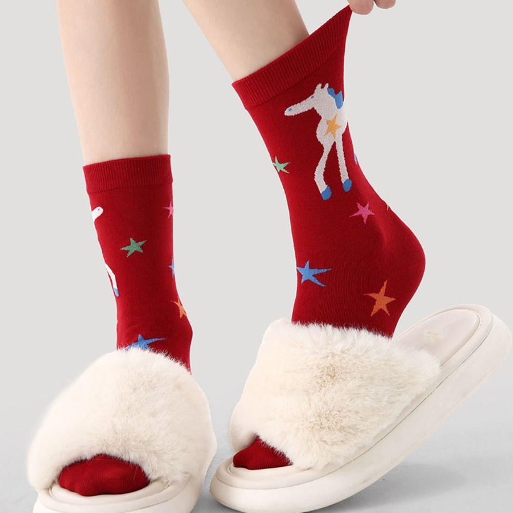 3Pairs Cartoon Year of The Horse Socks Winter Autumn Red Cotton Socks New Year Tube Socks  Gift
