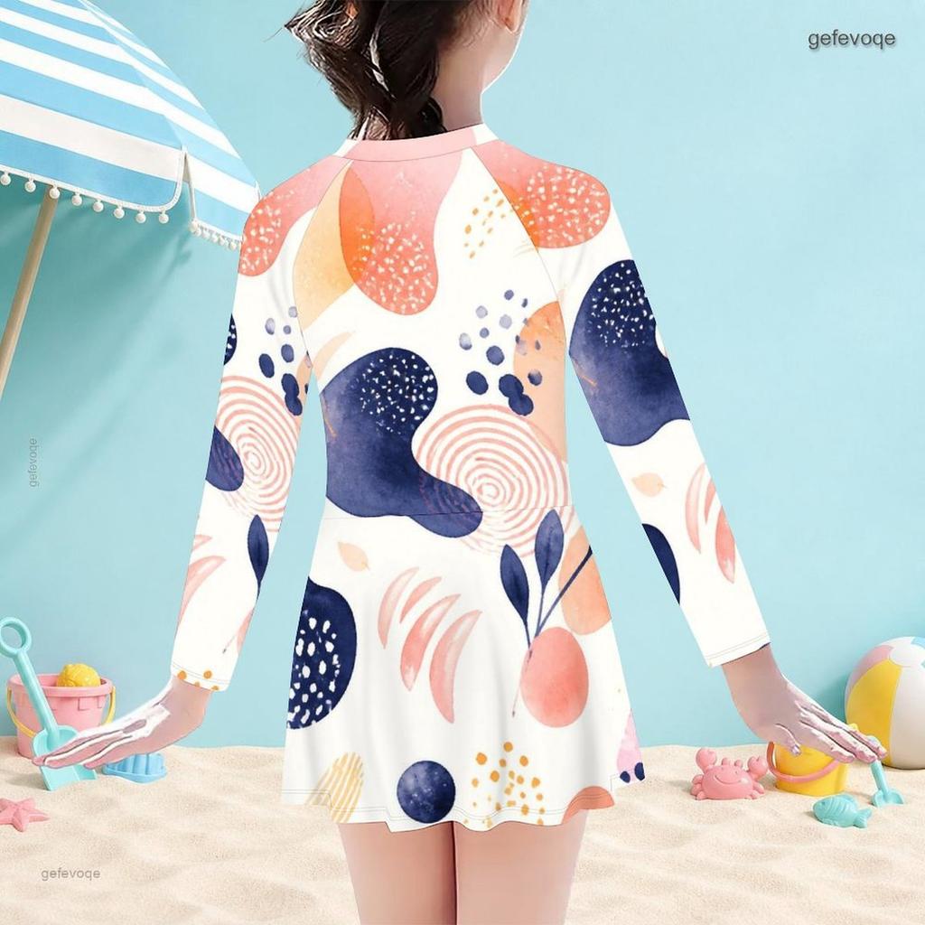 Girls One Piece Swimsuit High Neck Long Sleeve Front Zip Printed Skirt Hem