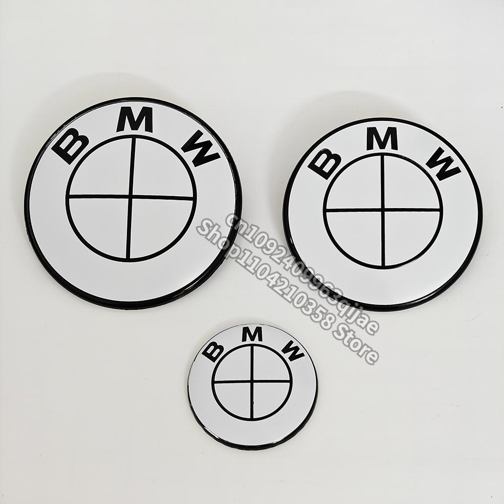 Car Full White Logo Front Hood Emblem 82mm+Rear Badge 74mm+Wheel Hub Cap 68mm/56mm+steering wheel sticker 45mm For All BMW
