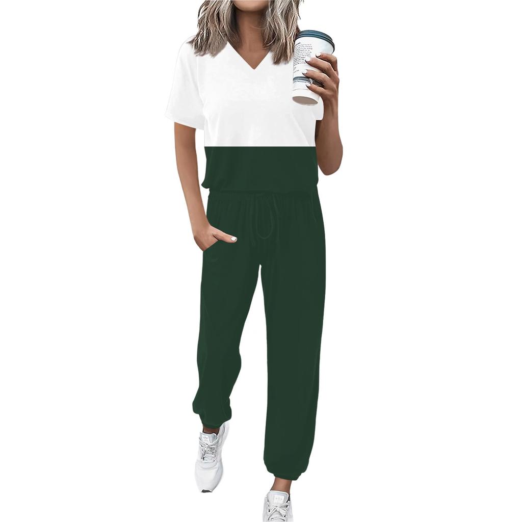 Женский спортивный костюм с V-образным вырезом и коротким рукавом, свободные брюки