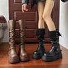 Long Boots Women's Autumn and Winter New Style Leather Buckle Strap Thick Soled Boots Fashionable British Knee High Knight Boots