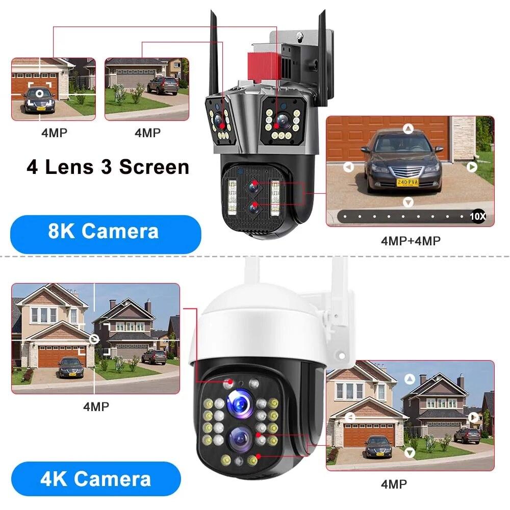 LS VISION 16MP 8K IP Camera 10X Zoom Outdoor Four Lenses Three-Screen PTZ WiFi Camera Security Protection CCTV Color Night Vision Cam Home Security