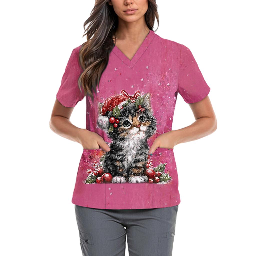 Женская милая блузка с принтом бантиков, рабочая одежда, V-образный вырез, двойной слой, карманы, базовая, с коротким рукавом, пуловер