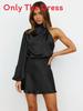 Elegant Satin Long Sleeve One Shoulder Dress For Autumn Winter Formal Events