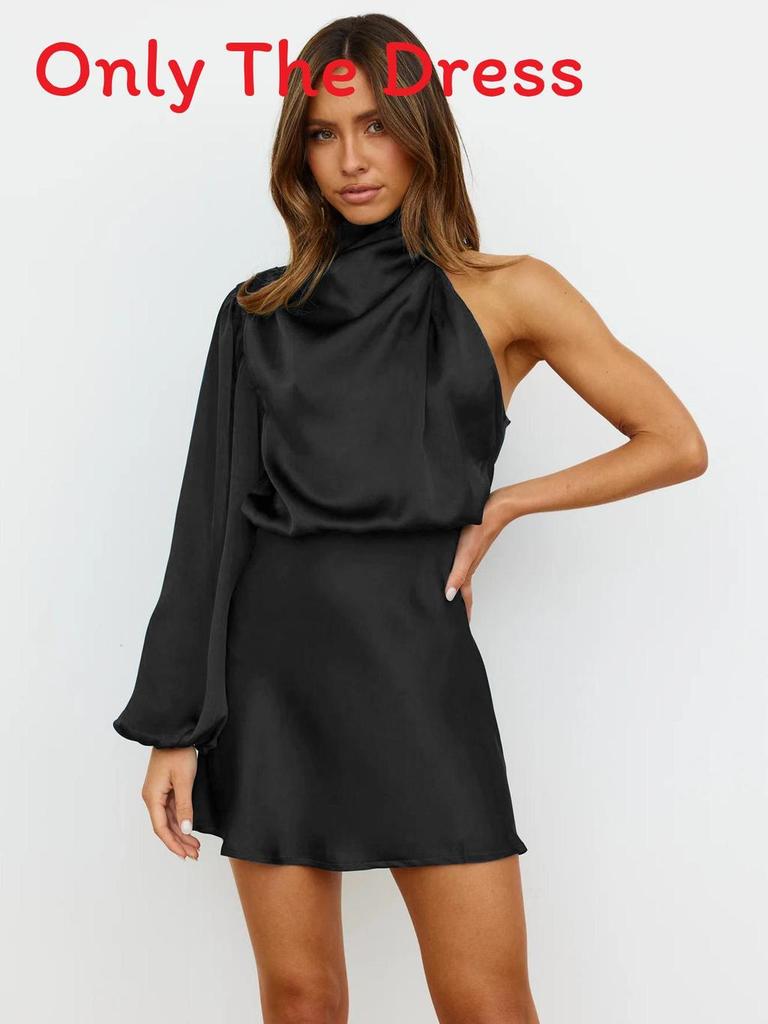 Elegant Satin Long Sleeve One Shoulder Dress For Autumn Winter Formal Events