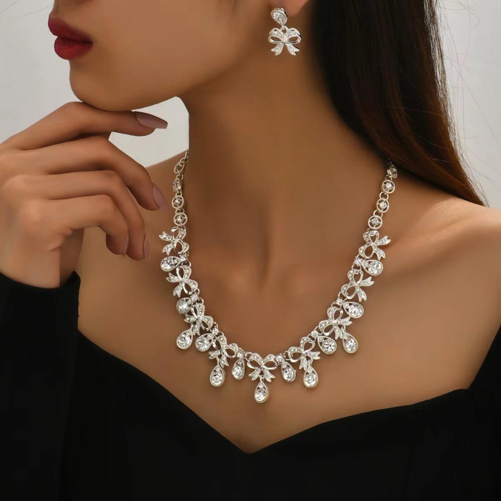 2 pieces Inlaid Necklace Earrings Set Bow Crystal Necklace Set Rhinestone Jewelry Set Women