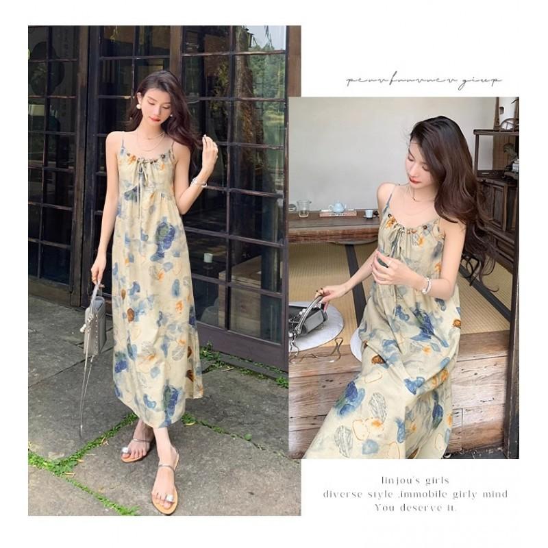 New Chinese Suspender Dress Ink Painting Tie-dye Niche Design Literary Artistic National Style Long Vacation Photo