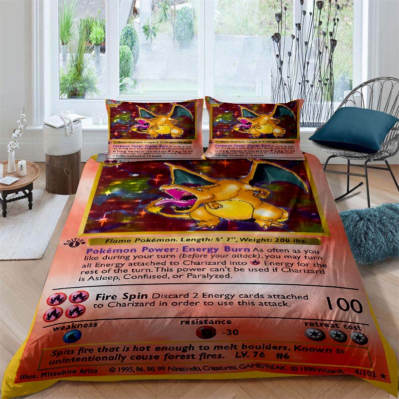 Pokémon Charizard Print 3-Piece Bedding Set — 10 Sizes Available — King-Size Pillowcases, Adult Bedspread, Bedroom Bedding Set