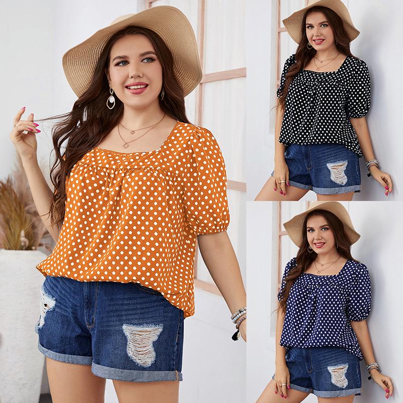 Летние женские свободные повседневные топы в горошек размера плюс, женские шифоновые футболки с круглым вырезом и короткими рукавами с решетчатым принтом для мамы
