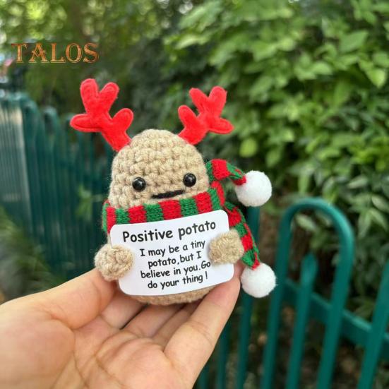 Positive Christmas Crochet Doll with Encouraging Card Emotional Support Handmade Knitting Santa Hat Potato Pickle Decoration Ornament Stress Relief