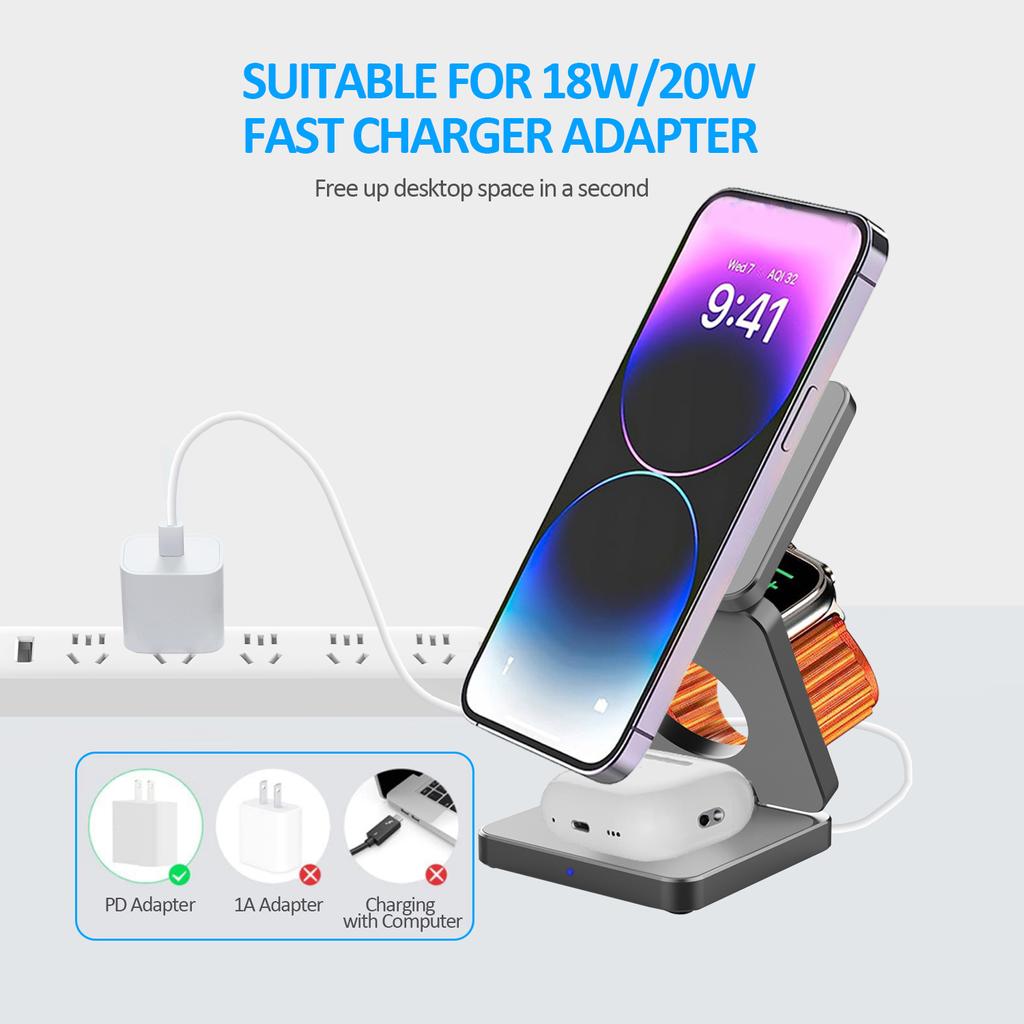 Беспроводная зарядная станция из алюминиевого сплава 3 в 1 для смартфона, магнитное складное дорожное зарядное устройство