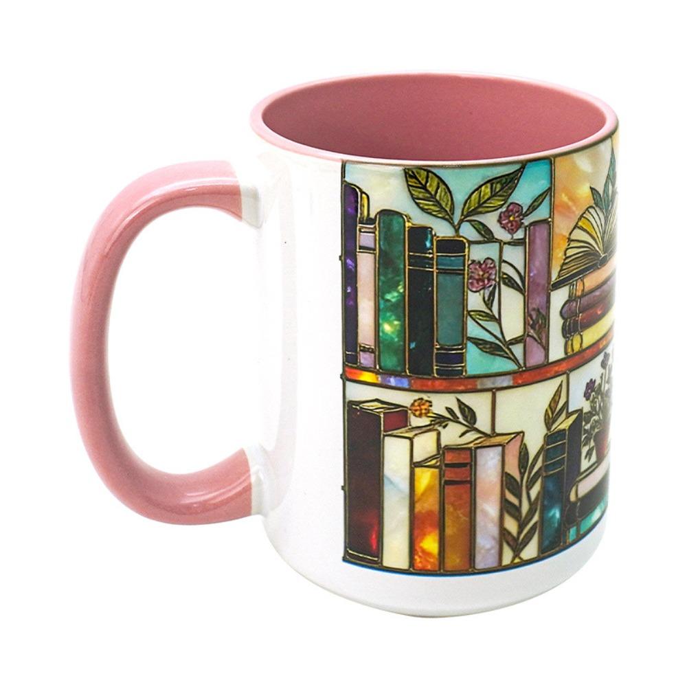Bookshelf Pattern Flower Ceramic Milk Cup Fun Bookworm Gift Bronzing Colored Glaze Floral Ceramic Coffee Mug Nordic Pink Blue